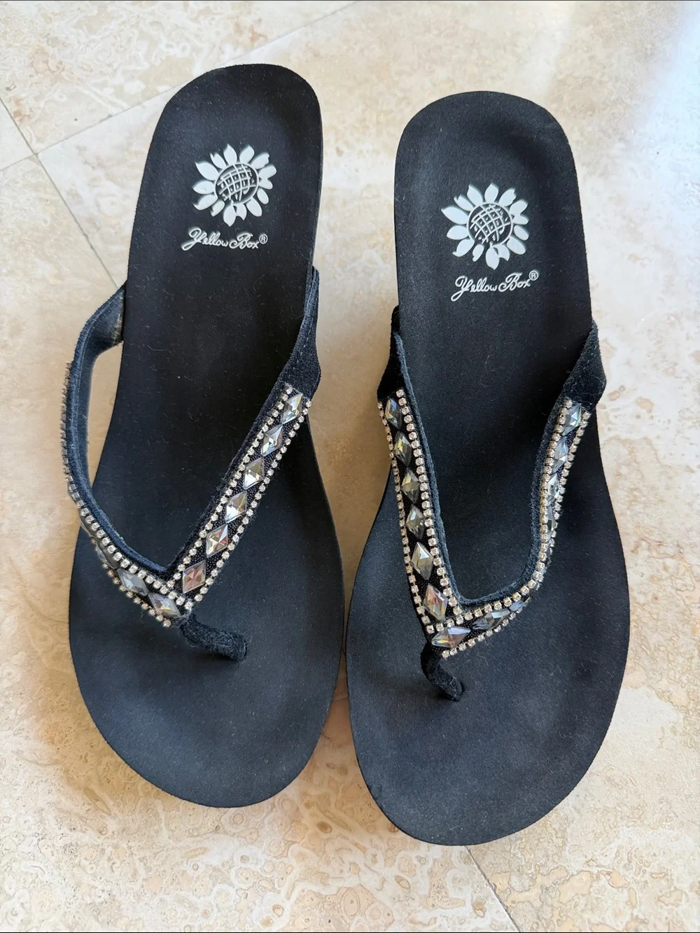 Yellow Box Black Jeweled Thong Sandals - Picture 1 of 6